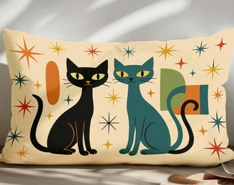 Mid Century Modern Cat Lumbar Pillow Cover - Retro Atomic Design, Double-Sided Hidden Zipper, Durable Rectangular Cushion for Sofa or Bed