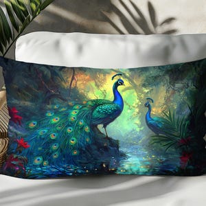 May include: A decorative pillow featuring a vibrant illustration of two peacocks in a lush green forest setting. The peacocks have blue and green plumage, and their tails are spread out in a fan shape. The background is a soft green and blue, with a stream of water flowing through the center.