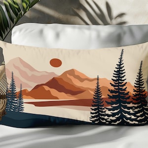 Nordic Mountain Forest Lumbar Pillow Cover - Minimalist Nature Scene in Warm Earth Tones, Double-Sided Cushion, Cabin Decor