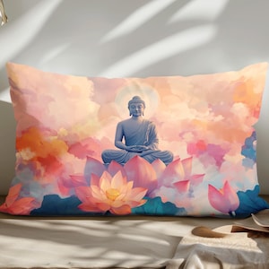 May include: Rectangular pillow featuring a serene Buddha statue seated on a lotus flower. The artwork showcases a pastel color palette of pink, orange, and blue, with a soft, cloud-filled background. The pillow is designed for decorative use.