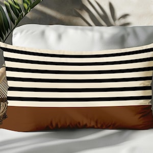 Modern Striped Lumbar Pillow – Black and Beige Minimalist Cushion with Brown Accent, Bold Horizontal Lines for Contemporary Home Decor