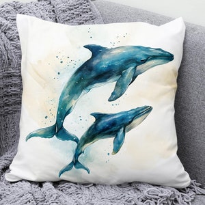 Watercolor Whale Cushion Cover – Ocean Animal Art Pillow – Marine Life Decorative Throw Pillow Cover – Coastal Home Decor Cushion