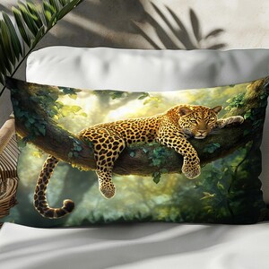 May include: A decorative pillow featuring a leopard sleeping on a branch in a lush green jungle setting.