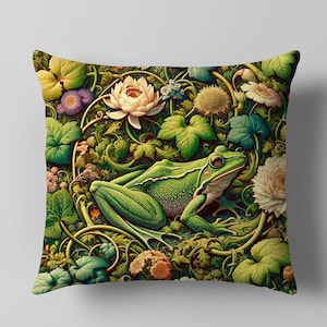 Green Frog Throw Pillow Cover - Nature-Inspired Square Cushion, Cotton Linen Decor Pillowcase