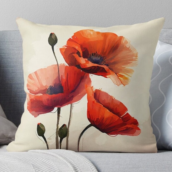 Poppy Pillow Cover Poppies Cushion Cover Floral Painting Style Throw Pillow Case Square Cotton Linen Sofa Decoration Gift