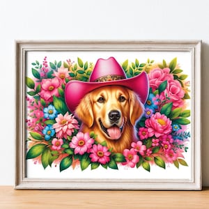 Stampa artistica di Golden Retriever, arte preppy con cappello da cowboy rosa, ritratto di animale domestico floreale, decorazione murale kawaii e vivace, decorazione colorata