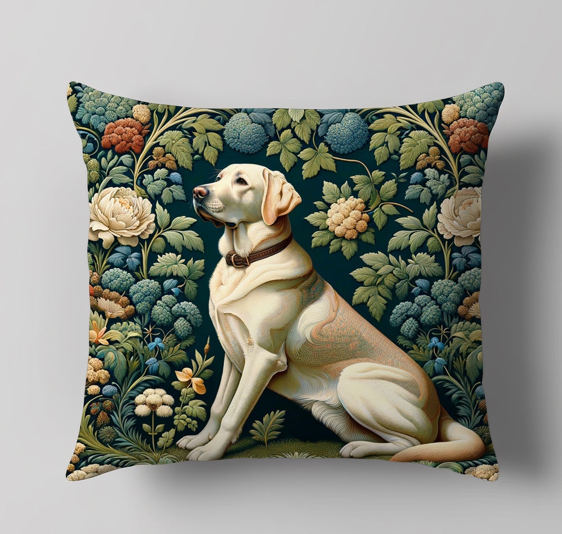 Labrador Linen Labrador Retriever Pillow Cover - Floral Square Cushion, Cotton Linen ...