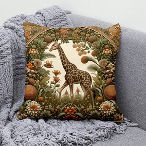 Safari Giraffe Cotton Linen Pillow Cover, William Morris Inspired Cushion Cover, Whimsical Retro Charm Tropical Flora Square Cushion Case