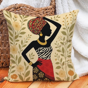 African Woman Silhouette Throw Pillow Cover, Tribal Headwrap Art with Botanical Pattern, Afrocentric Home Accent for Bold Cultural Decor