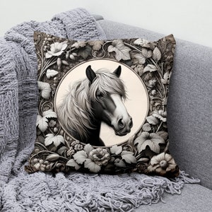 Retro Horse Throw Cushion Cover - Horse Print Pillow Cover, Art Throw Pillow Case  Botanical, Floral Design, Cozy Nature Pillowcase