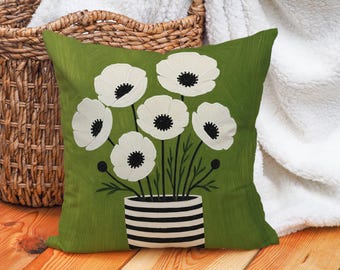 White Floral Pillow Cover Scandinavian Folk Art Green Botanical Modern Home Decor Cushion