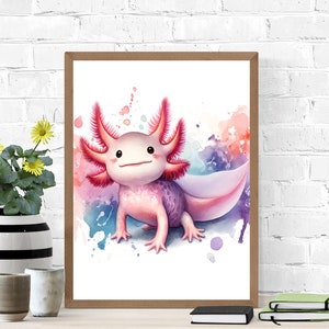 Niedliches Axolotl Poster - Aquarell Tier Kunst - Skurriles Wanddekor - Buntes Axolotl Kunstwerk - Perfekt für Kinderzimmer oder Kinderzimmer