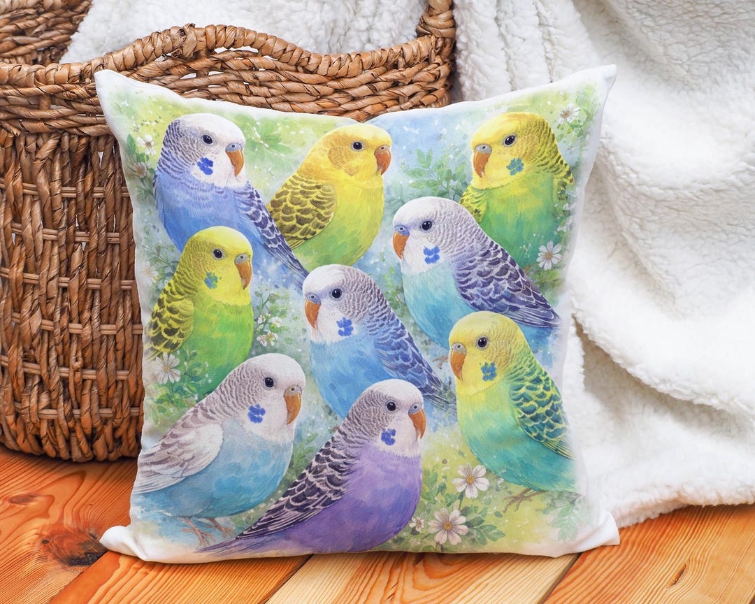 Colorful Budgie Pillow Cover Parrot, Watercolor Parakeet Art Cushion ...