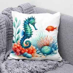 Funda de almohada con diseño de caballito de mar, funda de almohada de lino y algodón con diseño vibrante de arrecife de coral, cojín decorativo para sofá, cama o silla