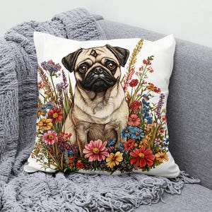 Pug Dog Floral Throw Pillow Cover, Cute Vintage Pet Cushion, Botanical Dog Lover Decor, Cotton Linen Pillow, Gift for Pug Owners