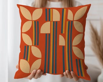 Retro Modern Throw Pillow Cover with Abstract Shapes and Striped Lines in Mustard and Teal on Rust Orange Background for Home Decor