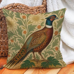 Pheasant Pillow Cover with Floral Background, William Morris Style Bird Cushion, Rustic Nature Decor, Woodland Throw Pillow Farmhouse Charm
