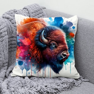 Colorful American Bison Throw Pillow Cover - Artistic Cotton Linen Pillowcase - Decorative Cushion Cover for Sofa, Couch, or Bedroom Decor