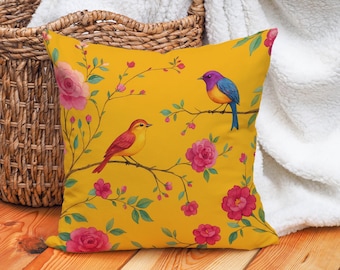 Housse de coussin décorative florale jaune, coussin oiseaux et fleurs colorés pour décoration bohème ou printanière