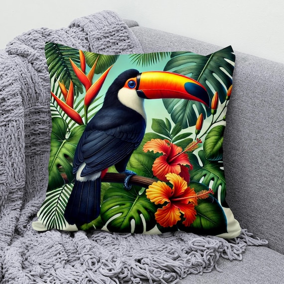 Tropical Toucan Throw Pillow Cover, Cotton Linen Pillowcase With