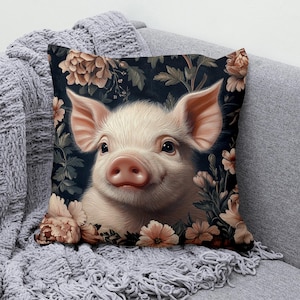 Cute Piglet Throw Pillow Cover, Cotton Linen Pillowcase with Floral Design, Multiple Sizes, Farmhouse Decorative Cushion Cover for Couch