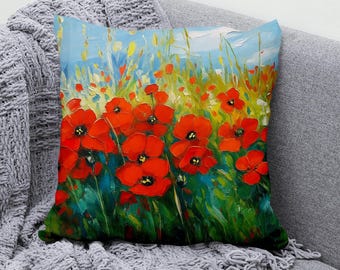 Poppy Cushion Cover with Vibrant Brushstroke Art, Impressionist Wildflower Throw Pillow for Artistic or Cottage Decor, Multiple Sizes