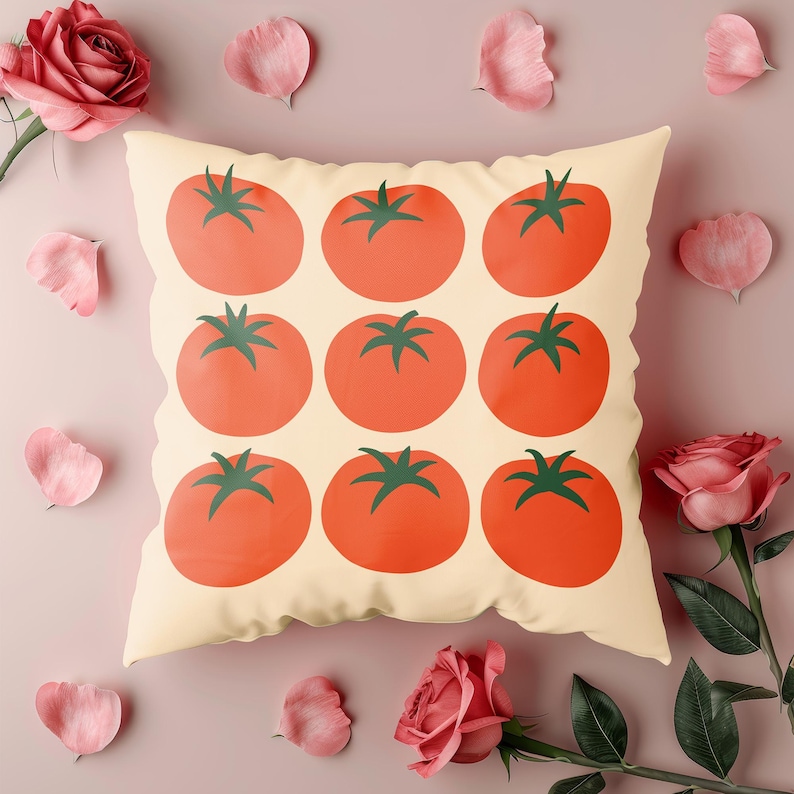 May include: A square decorative pillow with a cream background featuring a pattern of nine red tomatoes with green stems. The pillow is surrounded by pink rose petals and roses.