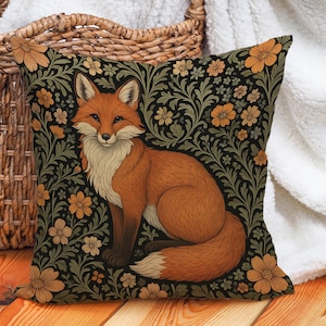 Fox Throw Pillow Cover with Floral Folk Art Design Dark Botanical Woodland Cushion for Cottagecore Rustic Decor, for Couch, Sofa, Bed, Chair