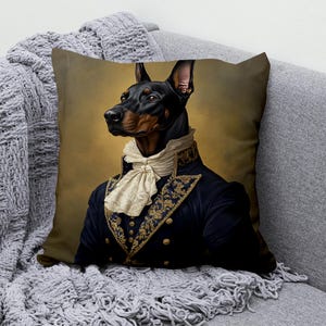 Doberman Throw Pillow Cover Cotton Linen, Regal Dog Portrait Cushion Cover, Hidden Zipper Dog Pillow Case, Gift For Dog Lovers Home Decor