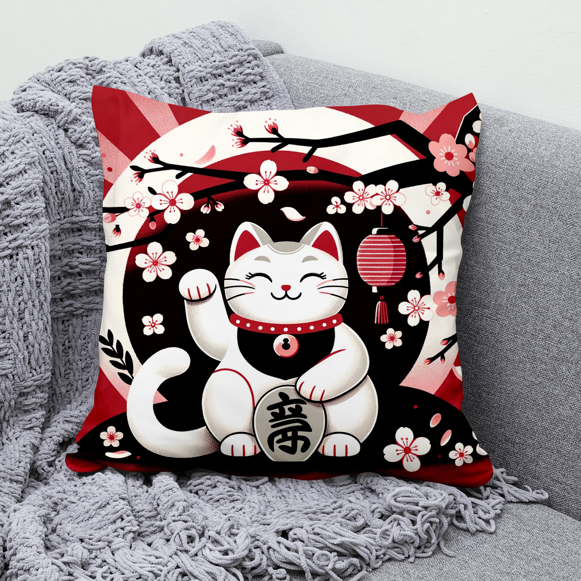 Graphic Lucky Cat Cushion Cover, Cherry Blossom Maneki-neko Pillow