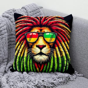 Rasta Löwe mit Sonnenbrille Dekokissenbezug, Baumwoll-Leinen-Kissenbezug, lebendiger dekorativer Kissenbezug für coole Wohnkultur