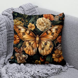 Golden Butterfly Throw Pillow Cover, Cotton Linen Pillowcase with Floral Design, Multiple Sizes, Decorative Cushion Cover for Couch, Sofa