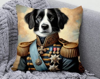 Noble Border Collie in Military Uniform Throw Pillow Cover – Cotton Linen Decorative Cushion Cover, Unique Dog Art Pillowcase for Home Decor