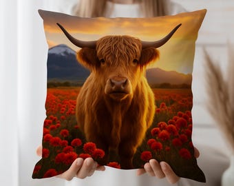 Highland Cow Pillow Cover, Rustic Farm Animal Cushion, Sunset Field Throw Pillow, Country Home Decor