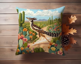 Southwestern Roadrunner Throw Pillow Cover - Cotton Linen Decorative Pillowcase - Desert Wildlife Cushion Cover for Living Room Decor