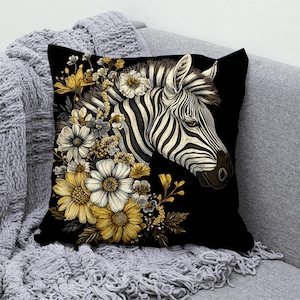 Zebra Floral Cushion Cover - Black Background Botanical Animal Pillow Case - Elegant Home Décor Accent - Multiple Sizes Available