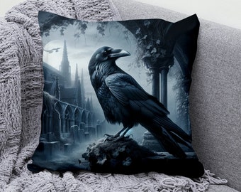 Mystical Raven Gothic Pillow Cover, Soft Goth Cotton Linen Square Cushion, Mysterious Square Pillow Case Goth Art, Decorative