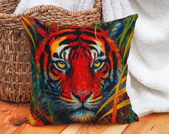 Colorful Tiger Pillow Cover Bold Animal Art, Maximalist Jungle Home Decor Cushion