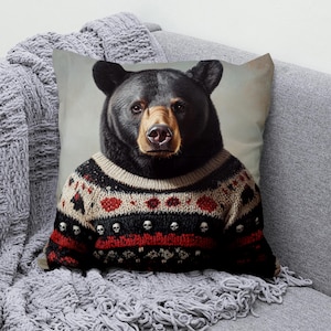 Black Bear Cushion Cover – Cozy Sweater Skull Pillow – Rustic