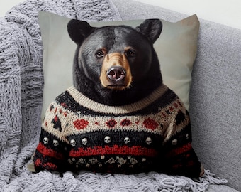 Black Bear Cushion Cover – Cozy Sweater Skull Pillow – Rustic Woodland Throw Pillow Cover – Gothic Bear Decorative Accent Pillow