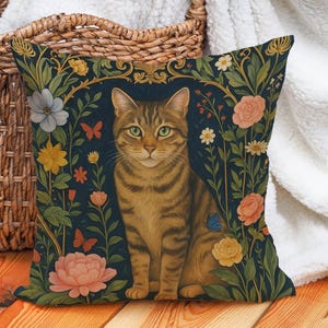 Tabby Cat Cushion Cover with Vintage Botanical Frame, Cottagecore Throw Pillow for Cat Lovers and Cozy Home Decor, Multiple Sizes Available