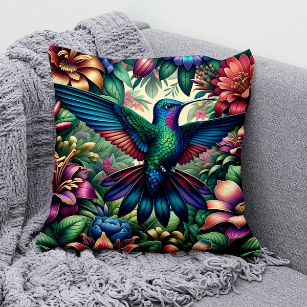 Exquisite Hummingbird Cushion Cover, Floral Throw Pillow Cover, Vibrant Bird Sofa Decor, Unique Wildlife Home Accessory