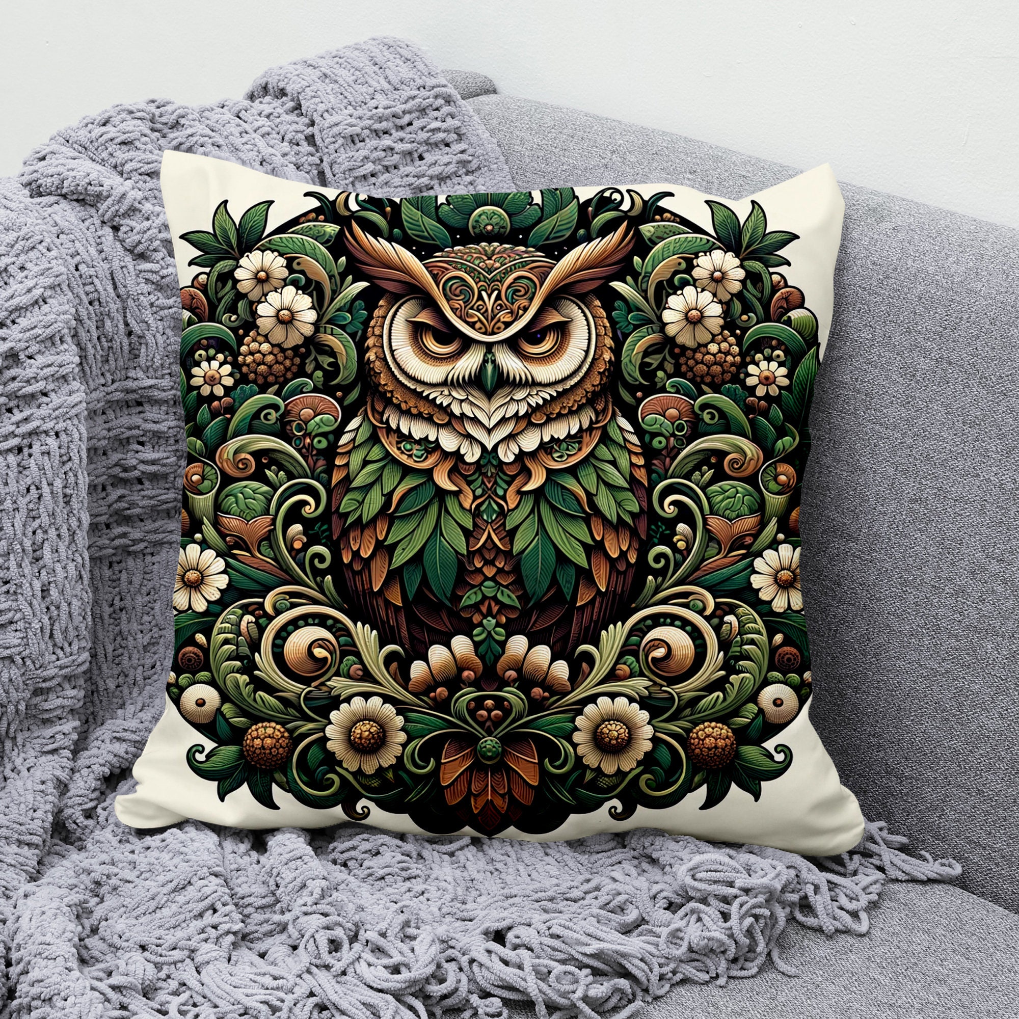 Intricate Owl Throw Cushion Cover, Cotton Linen Pillow Cover, Square Cushion Case with Green Accents