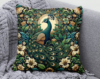 Peacock Pillow Case, Floral Cushion Cover, Exotic Throw Pillow Art Decor, William Morris Style, Art Deco, Square, Cotton Linen