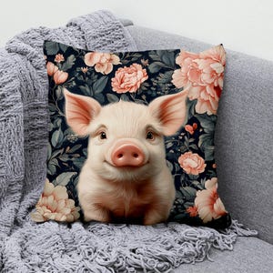 Adorable Piggy Throw Pillow Cover, Cotton Linen Pillowcase with Floral Design, Multiple Sizes, Farmhouse Decorative Cushion Cover