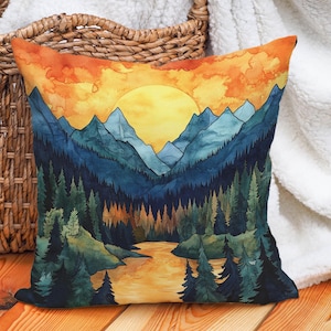 Federa per cuscino con motivo montagna, fiume al tramonto e foresta, cuscino con paesaggio ad acquerello per arredamento da baita o ispirato alla natura, diverse misure