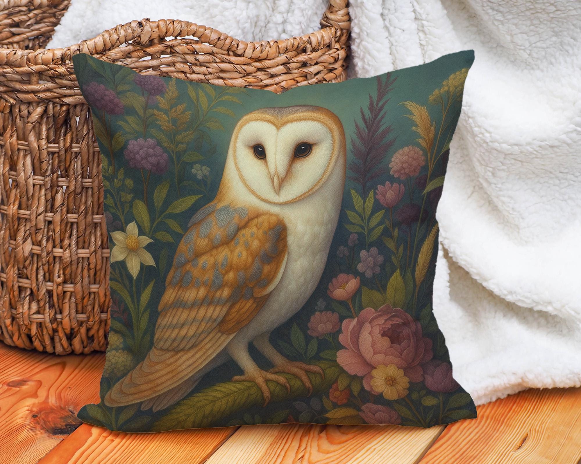 Barn Owl Cushion Cover with Floral Garden Design, Vintage Woodland Bird Throw Pillow for Cozy Decor 