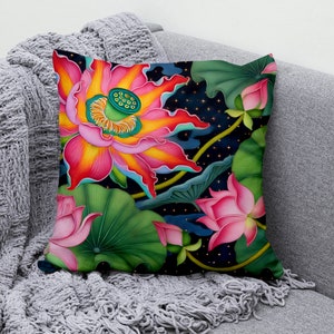 Lotus Flower Throw Pillow Cover with Vibrant Botanical Artwork, Spiritual Zen Cushion Case for Couch, Meditation Room, or Boho Home Decor