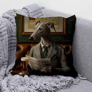 May include: A greyhound dog wearing a tweed suit and tie sits in a pub, reading a newspaper called "GREY WHISBON & LNARGS" and holding a glass of beer.