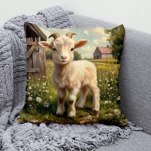 Adorable Goat Throw Pillow Cover, Cotton Linen Pillowcase with Farm Scene, Multiple Sizes, Rustic Decorative Cushion Cover for Couch, Sofa, or Bed